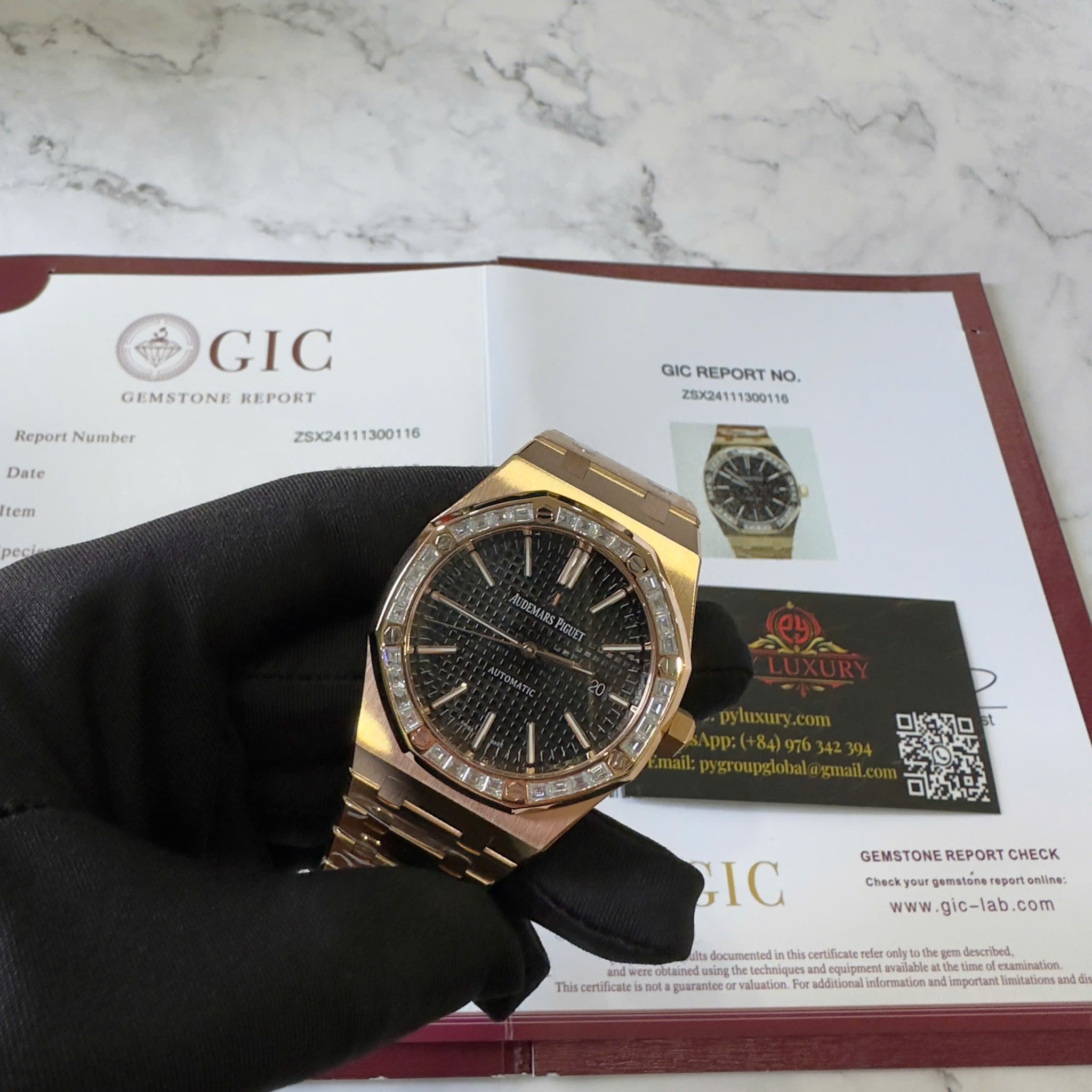 Audemars Piguet Royal Oak 15400OR Black Dial Custom Baguette Moissanite Bezel 18K Gold Wrapped 1:1 Best Replica 41mm - Image 4