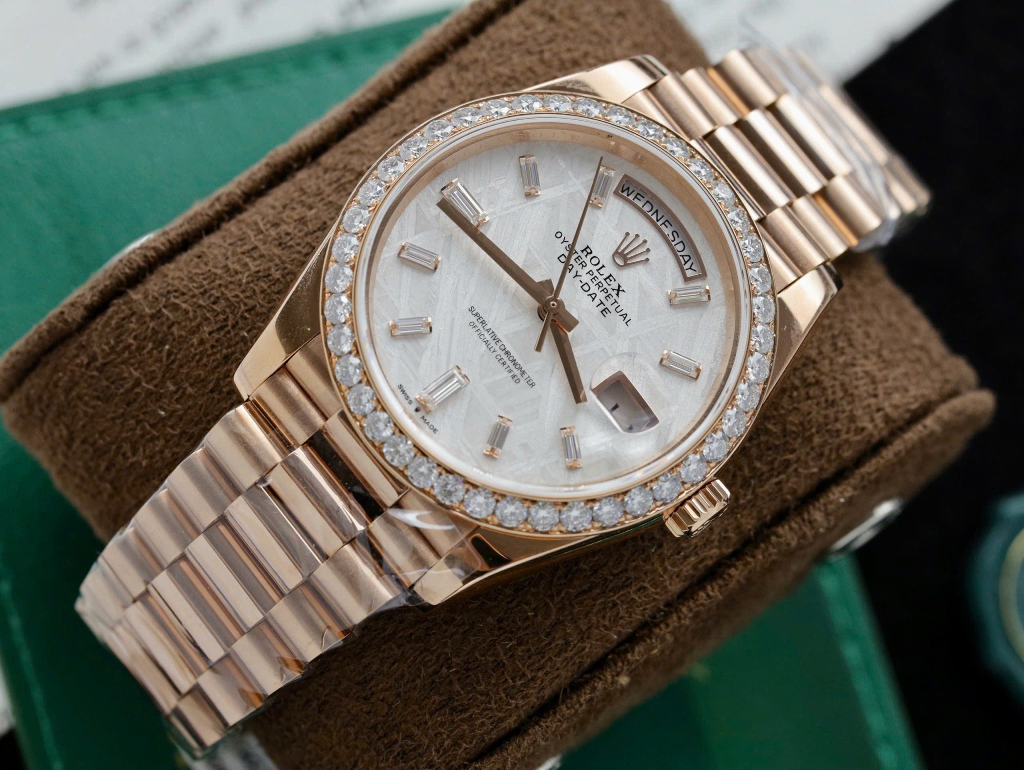 Rolex Day-Date 40 Meteorite Baguette Moissanite Dial 18K Rose Gold Wrapped Moissanite Bezel GMF V3 Best Replica 40mm - Image 3