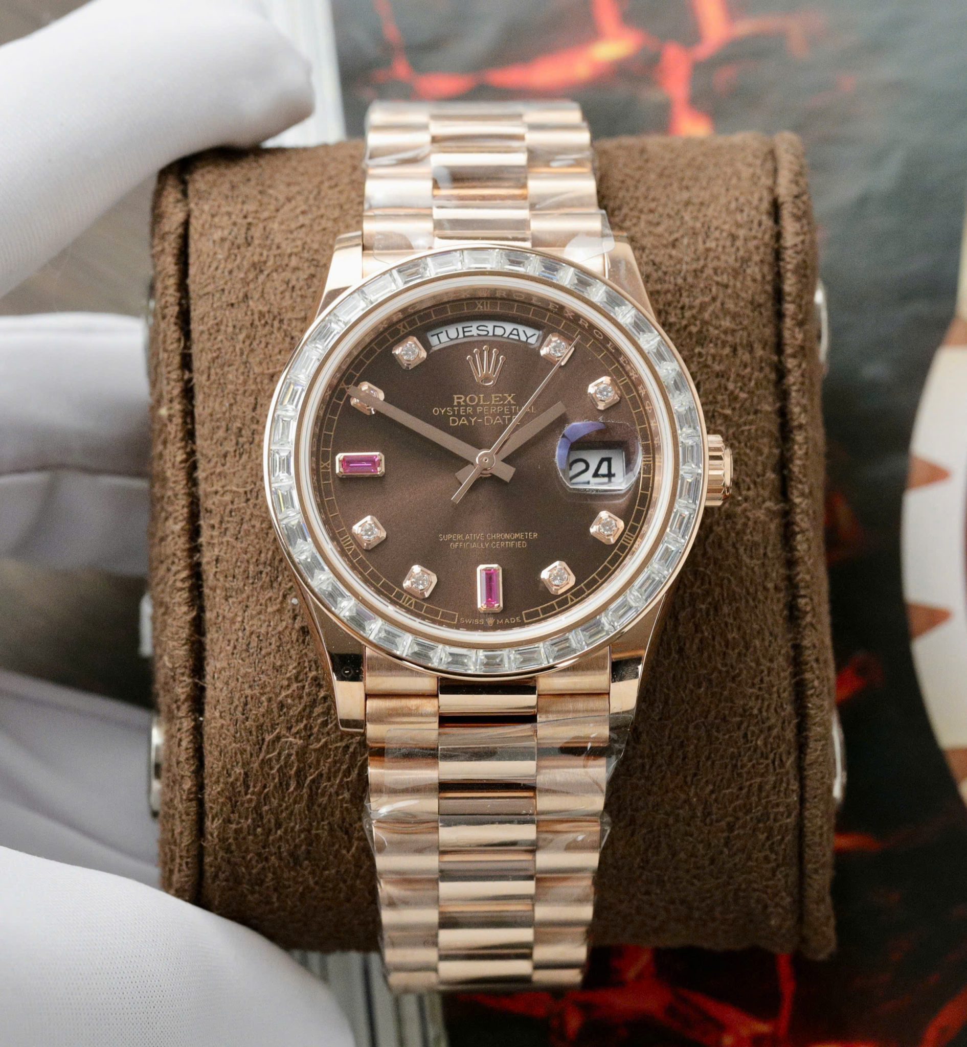 Rolex Day-Date 36 Chocolate Diamond & Ruby Dial 18K Rose Gold Wrapped Baguette Moissanite Bezel Best Replica 36mm - Image 2