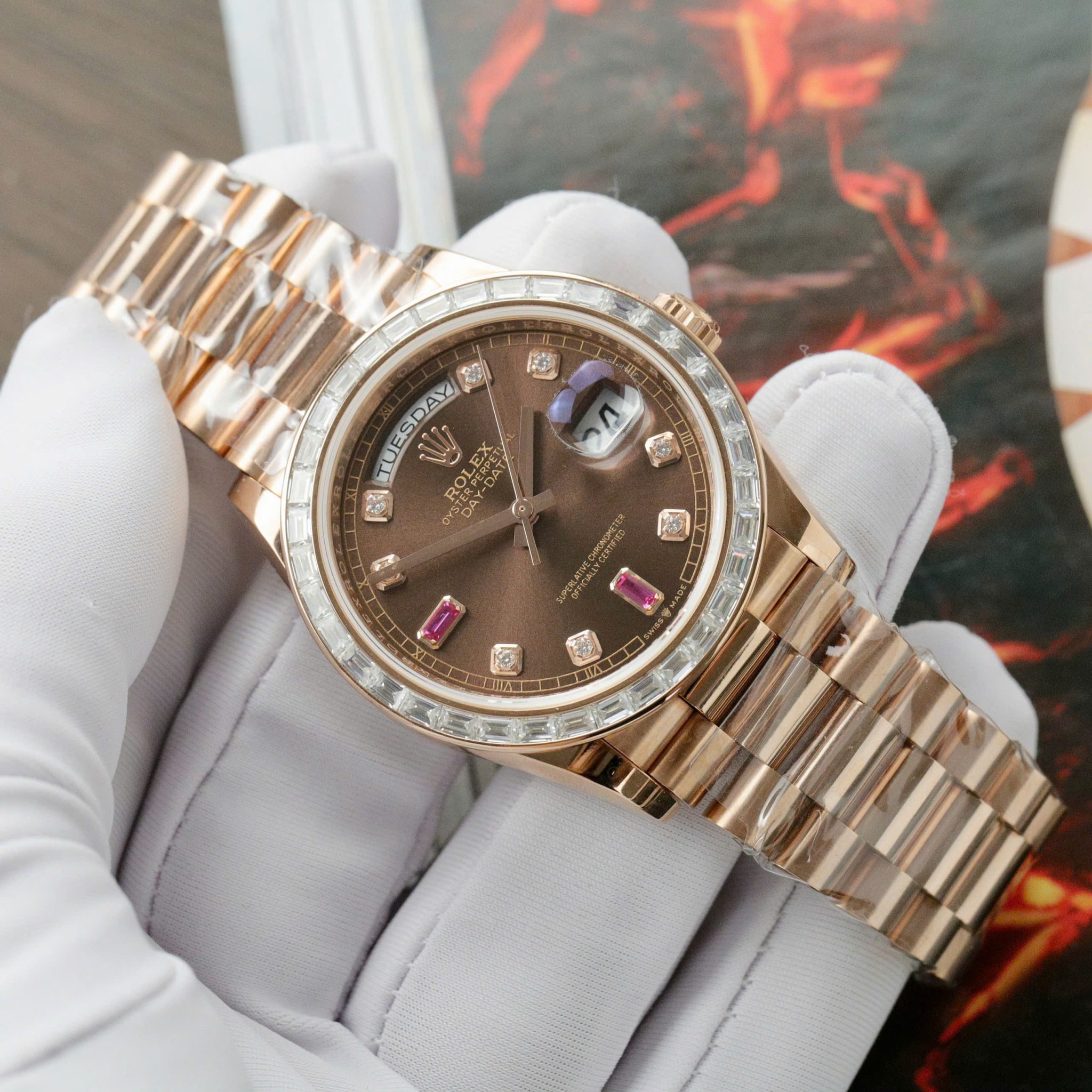 Rolex Day-Date 36 Chocolate Diamond & Ruby Dial 18K Rose Gold Wrapped Baguette Moissanite Bezel Best Replica 36mm - Image 3