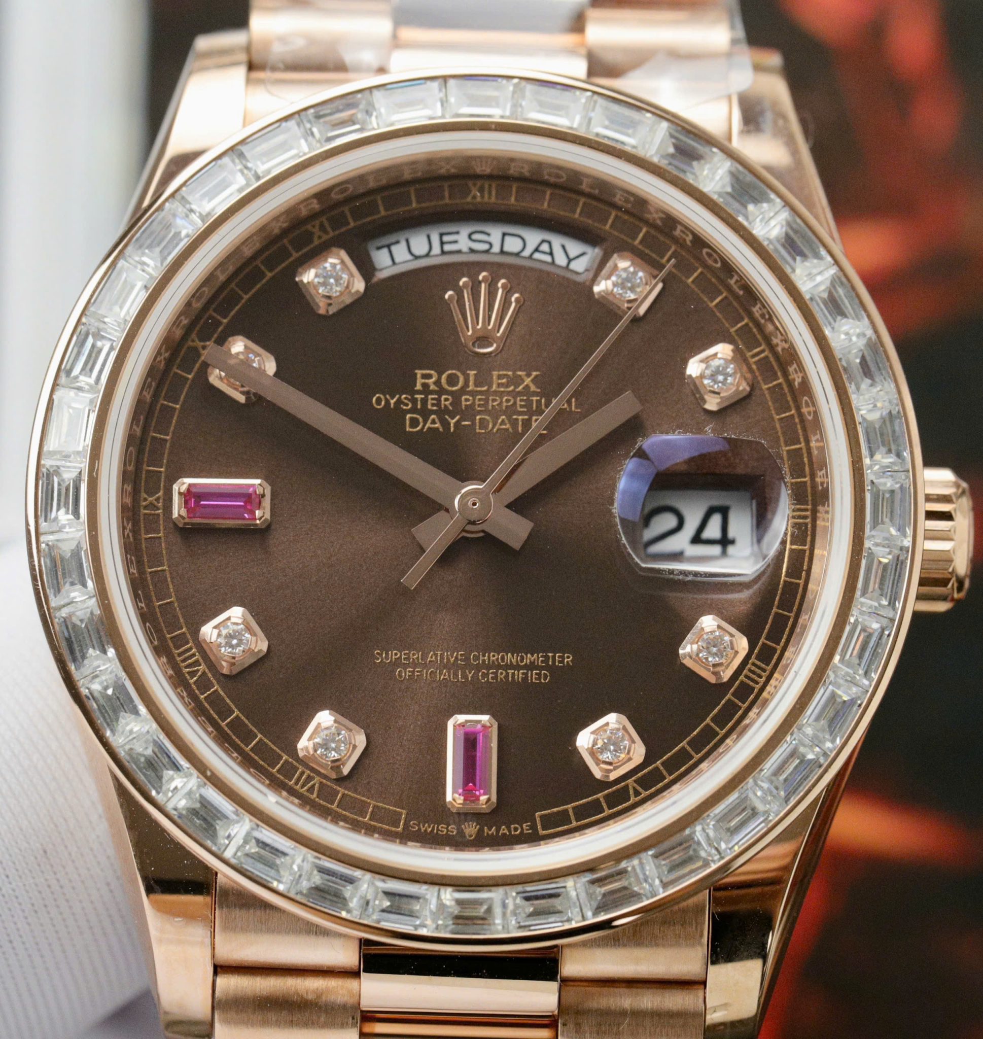 Rolex Day-Date 36 Chocolate Diamond & Ruby Dial 18K Rose Gold Wrapped Baguette Moissanite Bezel Best Replica 36mm - Image 6