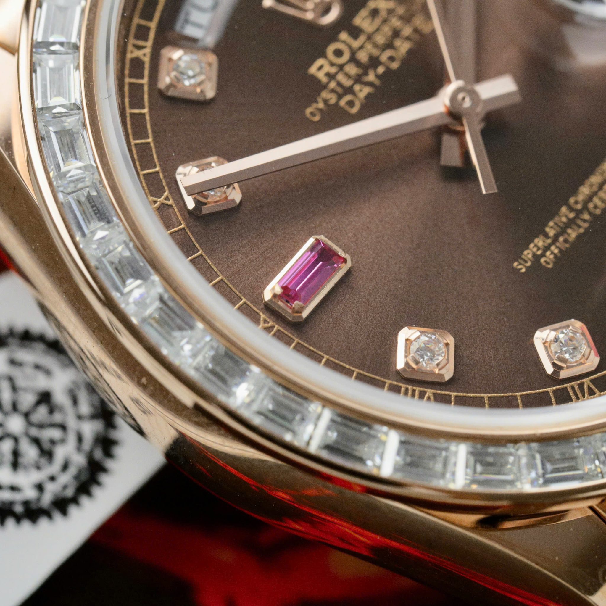 Rolex Day-Date 36 Chocolate Diamond & Ruby Dial 18K Rose Gold Wrapped Baguette Moissanite Bezel Best Replica 36mm - Image 7