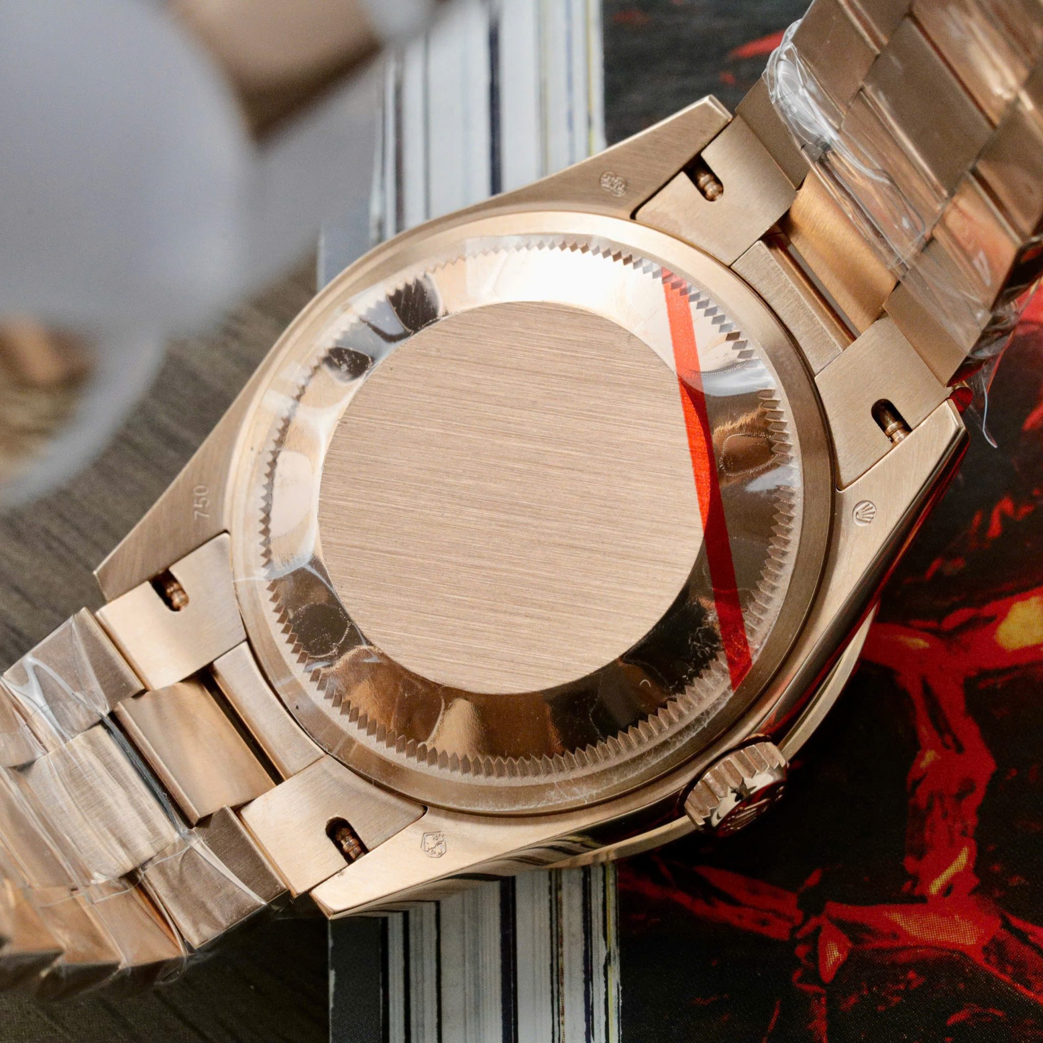 Rolex Day-Date 36 Chocolate Diamond & Ruby Dial 18K Rose Gold Wrapped Baguette Moissanite Bezel Best Replica 36mm - Image 10