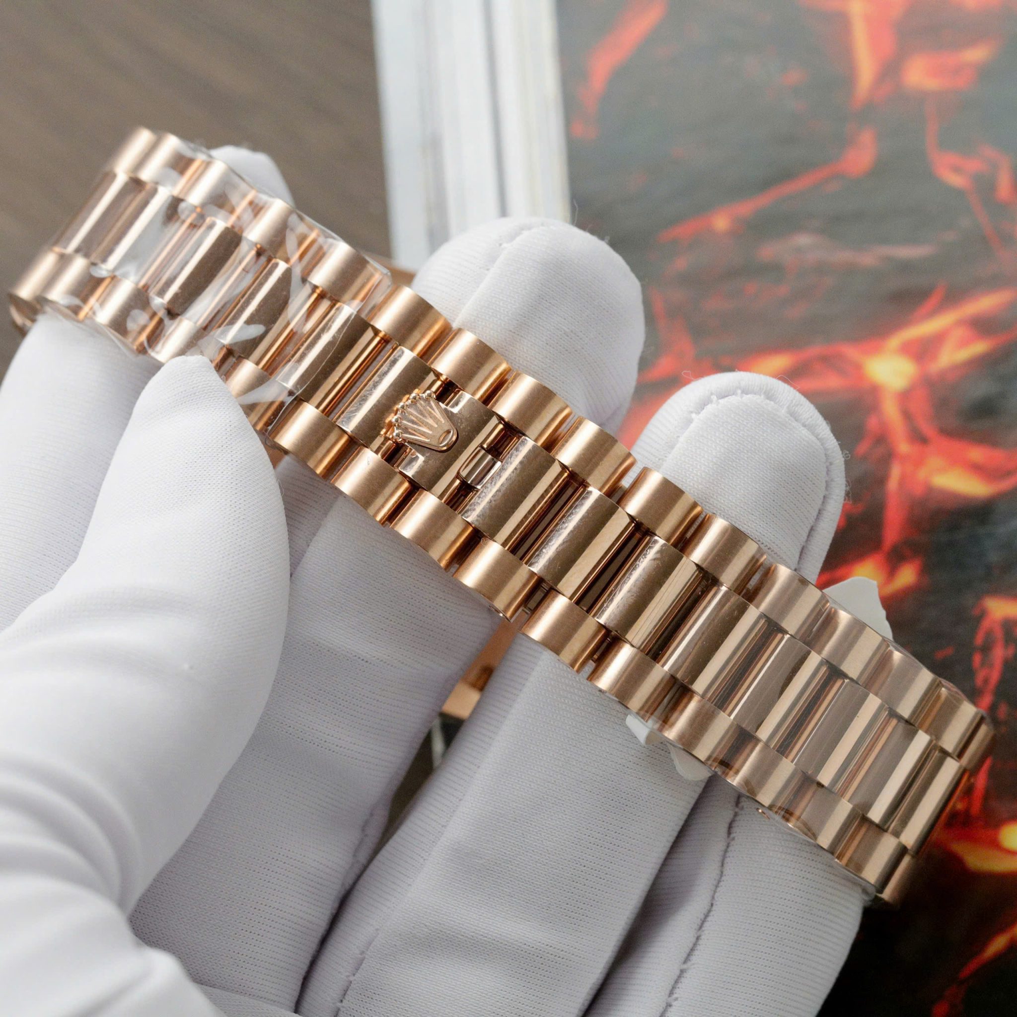 Rolex Day-Date 36 Chocolate Diamond & Ruby Dial 18K Rose Gold Wrapped Baguette Moissanite Bezel Best Replica 36mm - Image 11