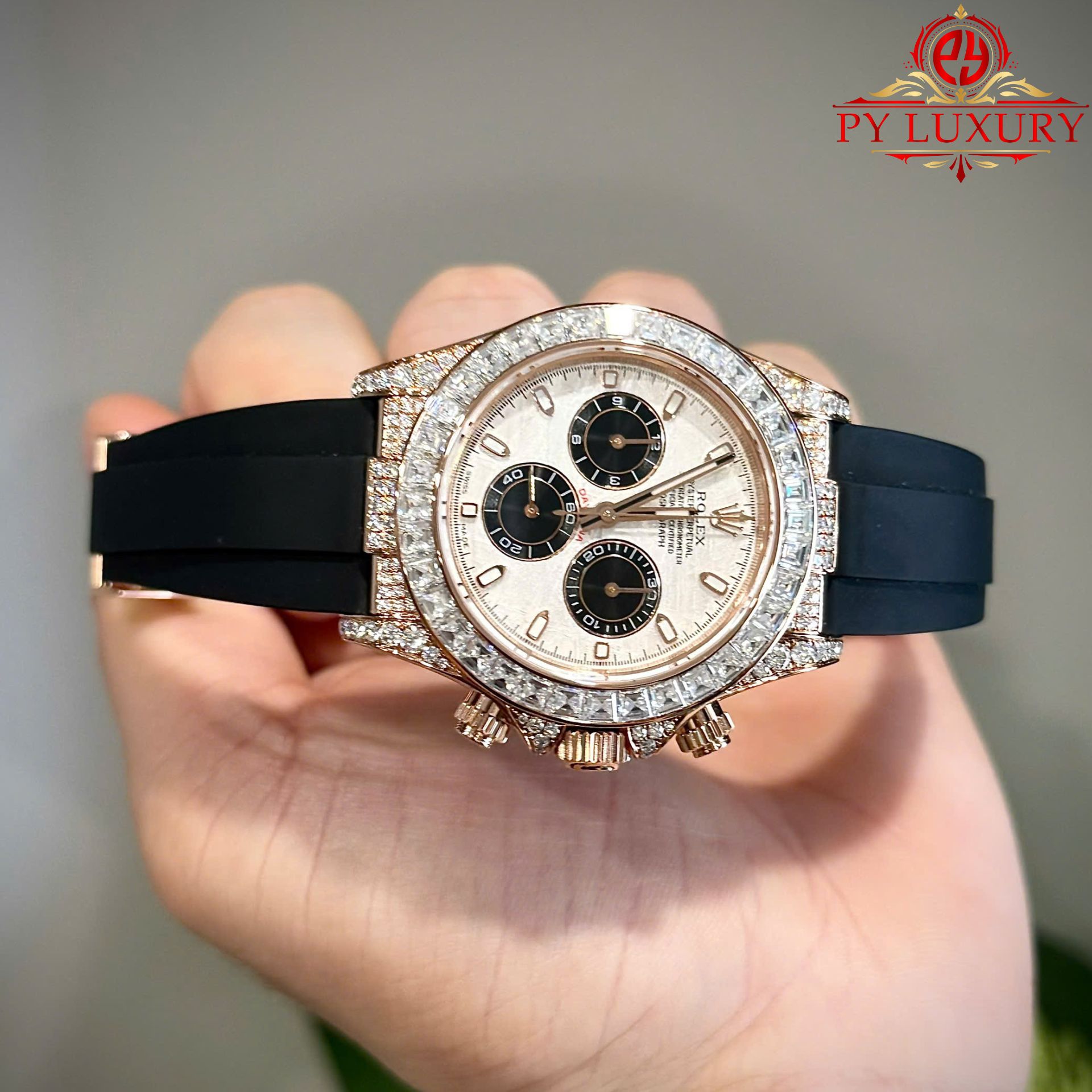 Rolex Daytona Meteorite Dial 18K Gold Plated Custom Baguette Moissanite Rubber Strap 40mm - Image 3