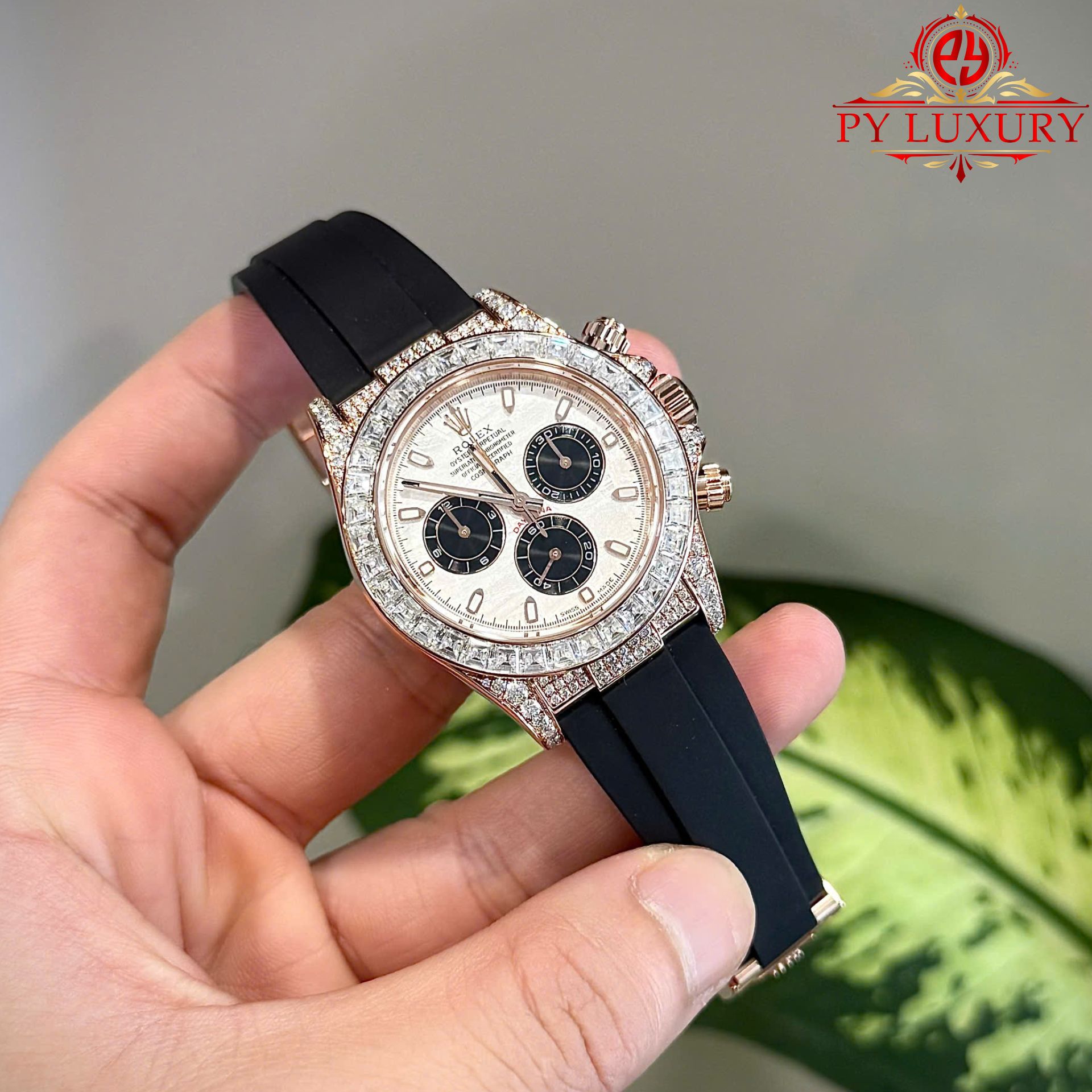 Rolex Daytona Meteorite Dial 18K Gold Plated Custom Baguette Moissanite Rubber Strap 40mm - Image 4