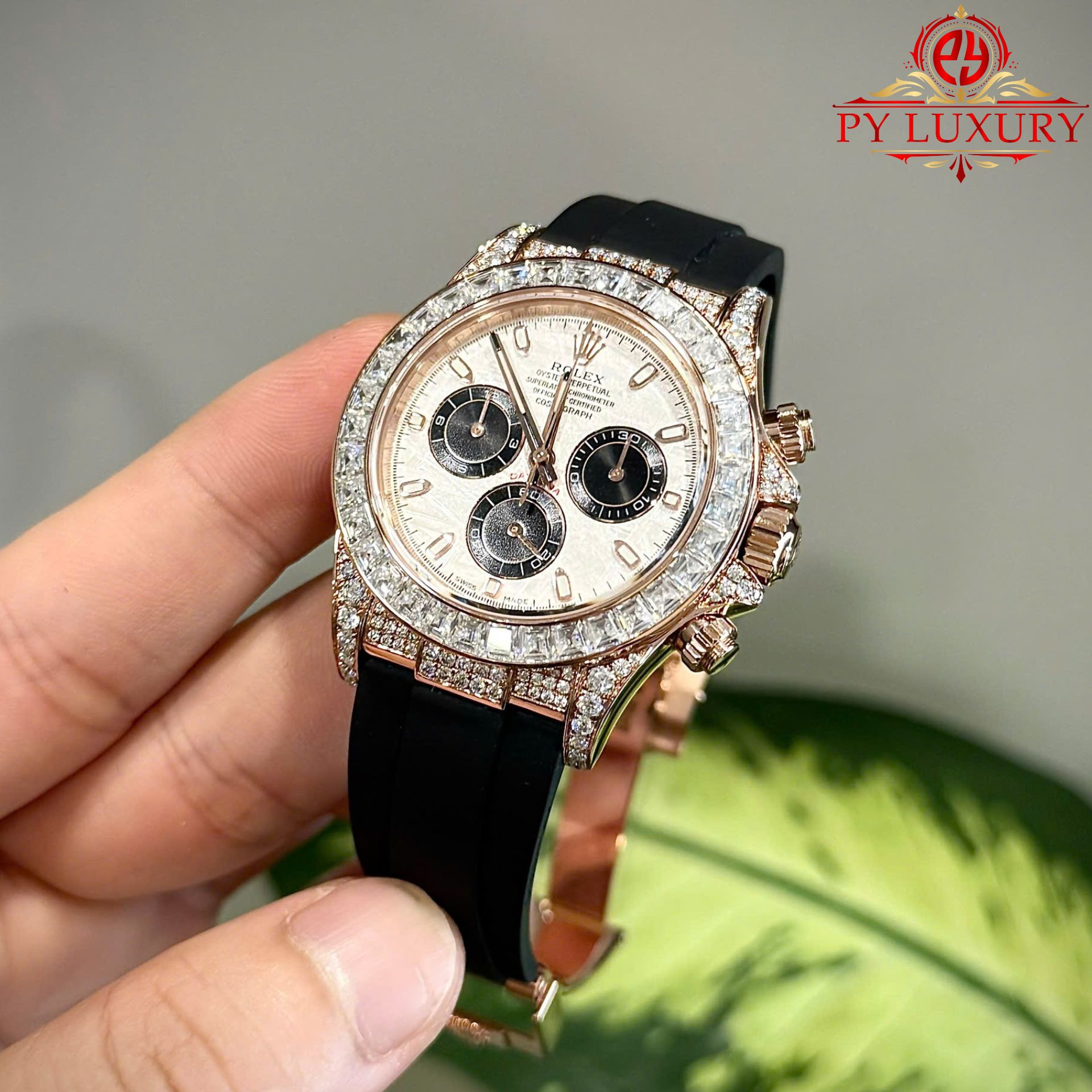 Rolex Daytona Meteorite Dial 18K Gold Plated Custom Baguette Moissanite Rubber Strap 40mm - Image 5
