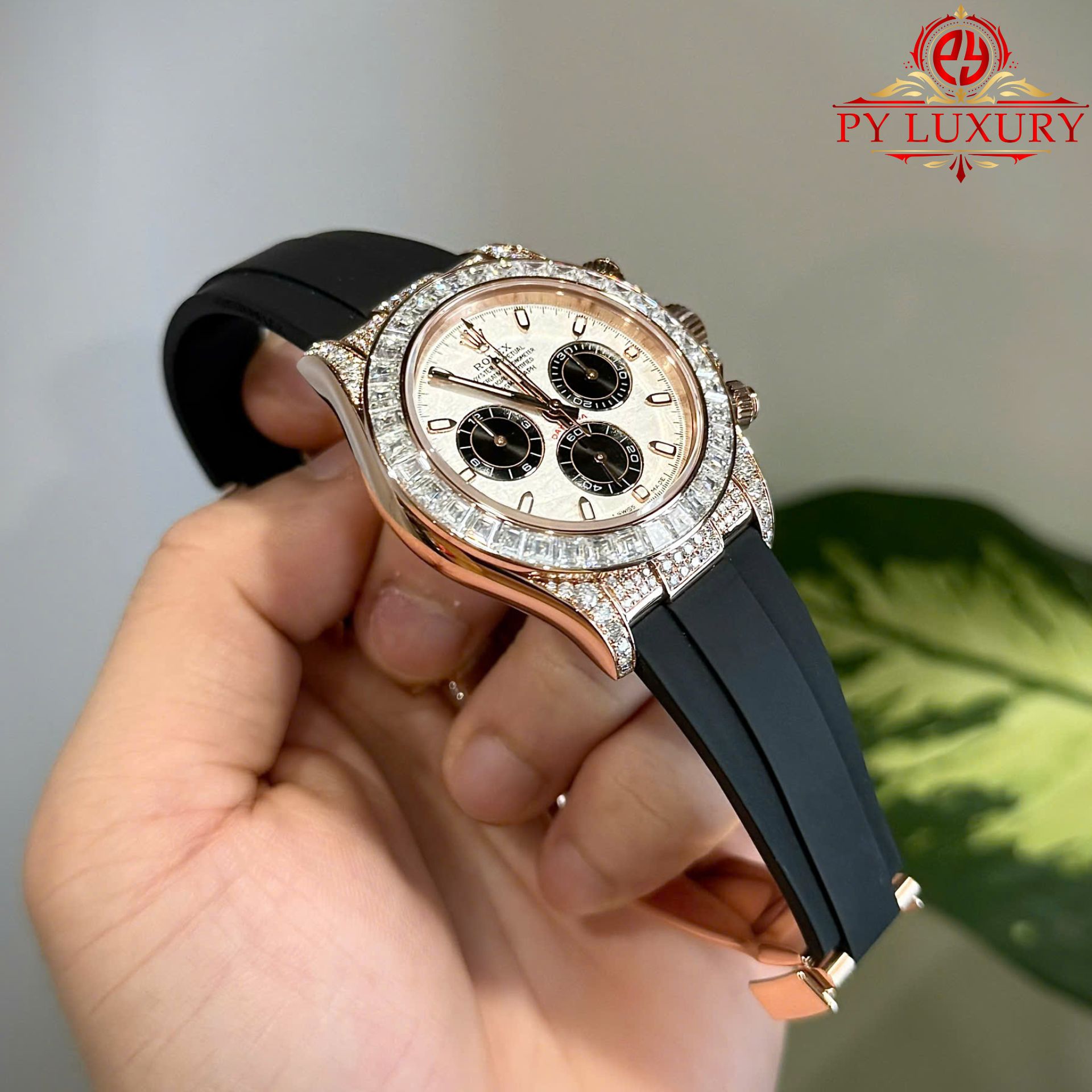 Rolex Daytona Meteorite Dial 18K Gold Plated Custom Baguette Moissanite Rubber Strap 40mm - Image 6