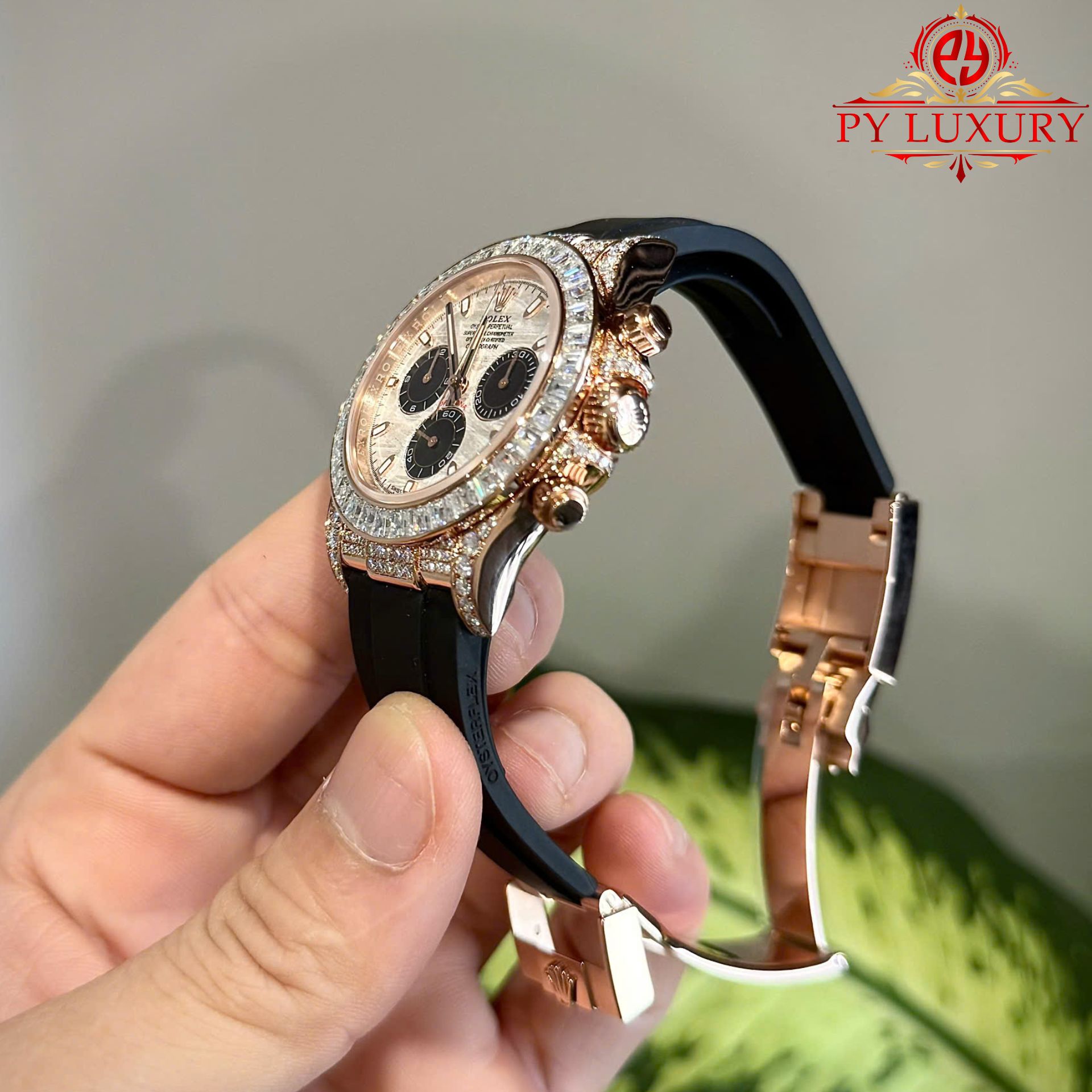 Rolex Daytona Meteorite Dial 18K Gold Plated Custom Baguette Moissanite Rubber Strap 40mm - Image 7