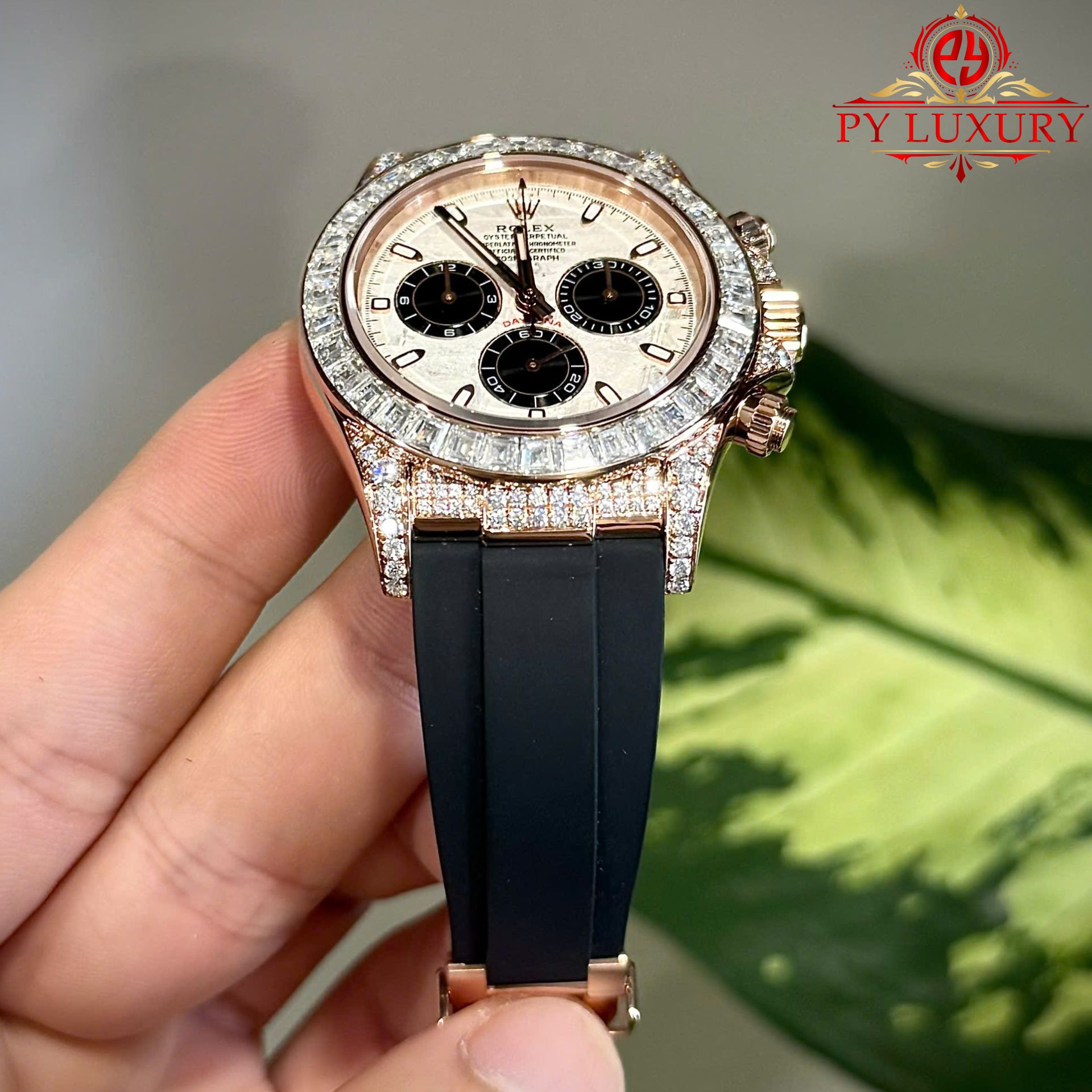 Rolex Daytona Meteorite Dial 18K Gold Plated Custom Baguette Moissanite Rubber Strap 40mm - Image 8