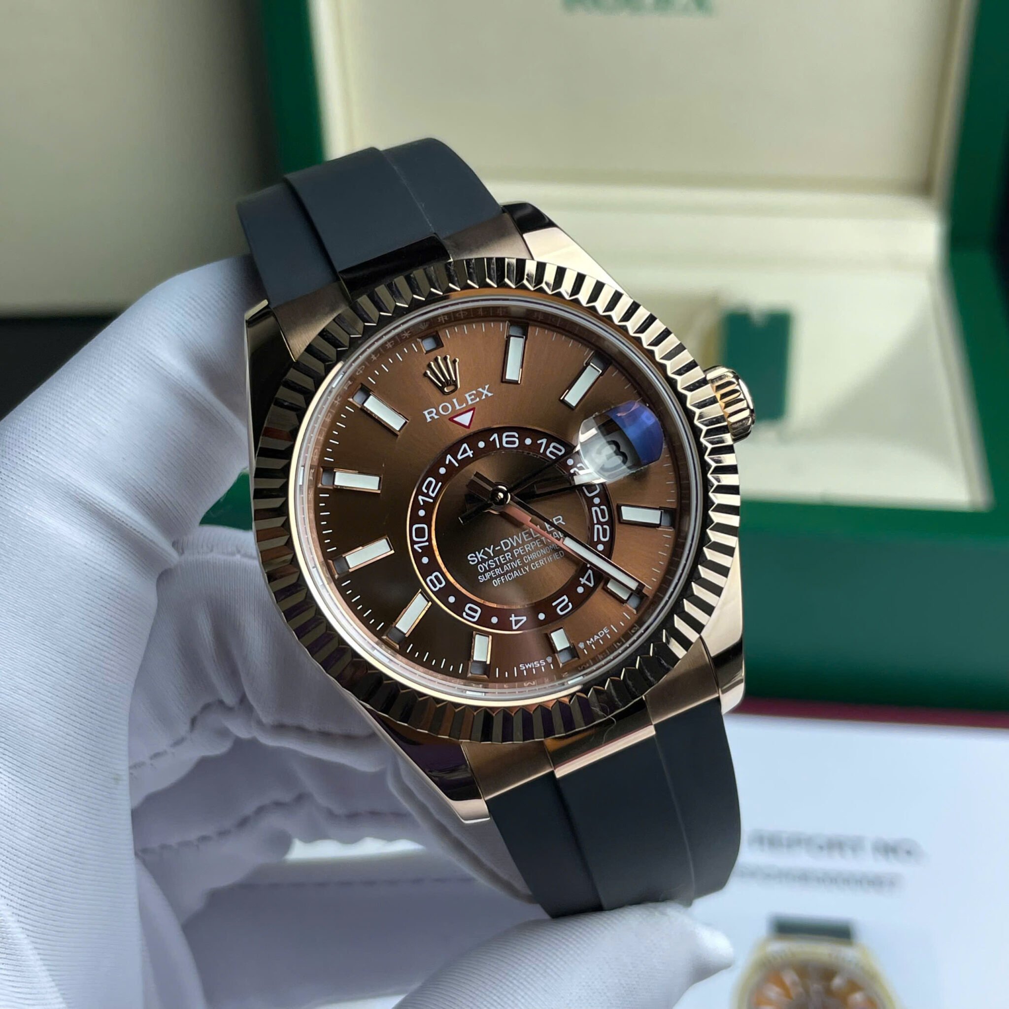 Rolex Sky-Dweller 326934 Brown Dial 18K Gold Wrapped Rubber Strap Best Replica 42mm - Image 3