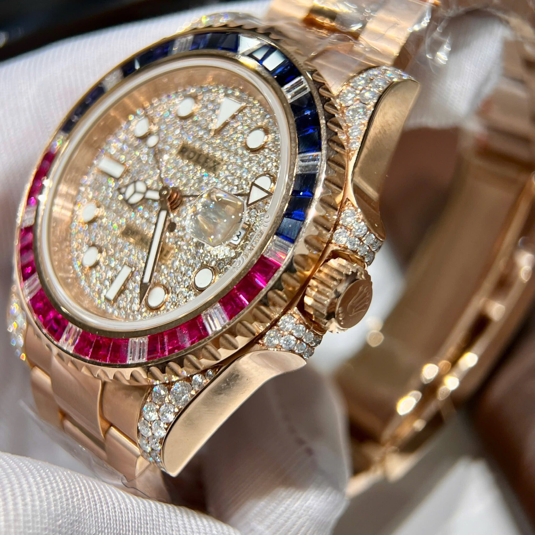 Rolex GMT-Master II 126755SARU 18K Gold Wrapped Moissanite Pavé Dial Ruby & Sapphire Bezel 40mm - Image 5