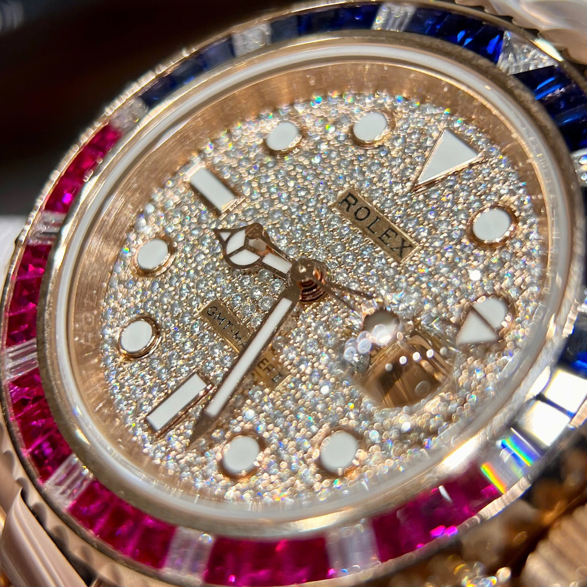 Rolex GMT-Master II 126755SARU 18K Gold Wrapped Moissanite Pavé Dial Ruby & Sapphire Bezel 40mm - Image 6