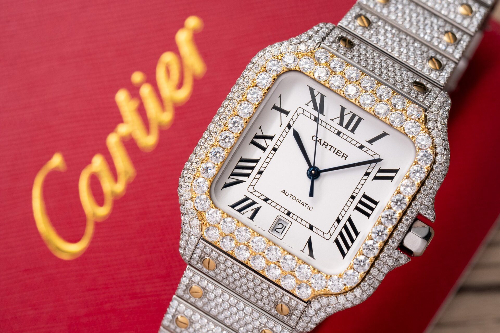 Cartier Santos White Dial Two Tone Large Model Iced Out Moissanite 39.8mm - Image 3