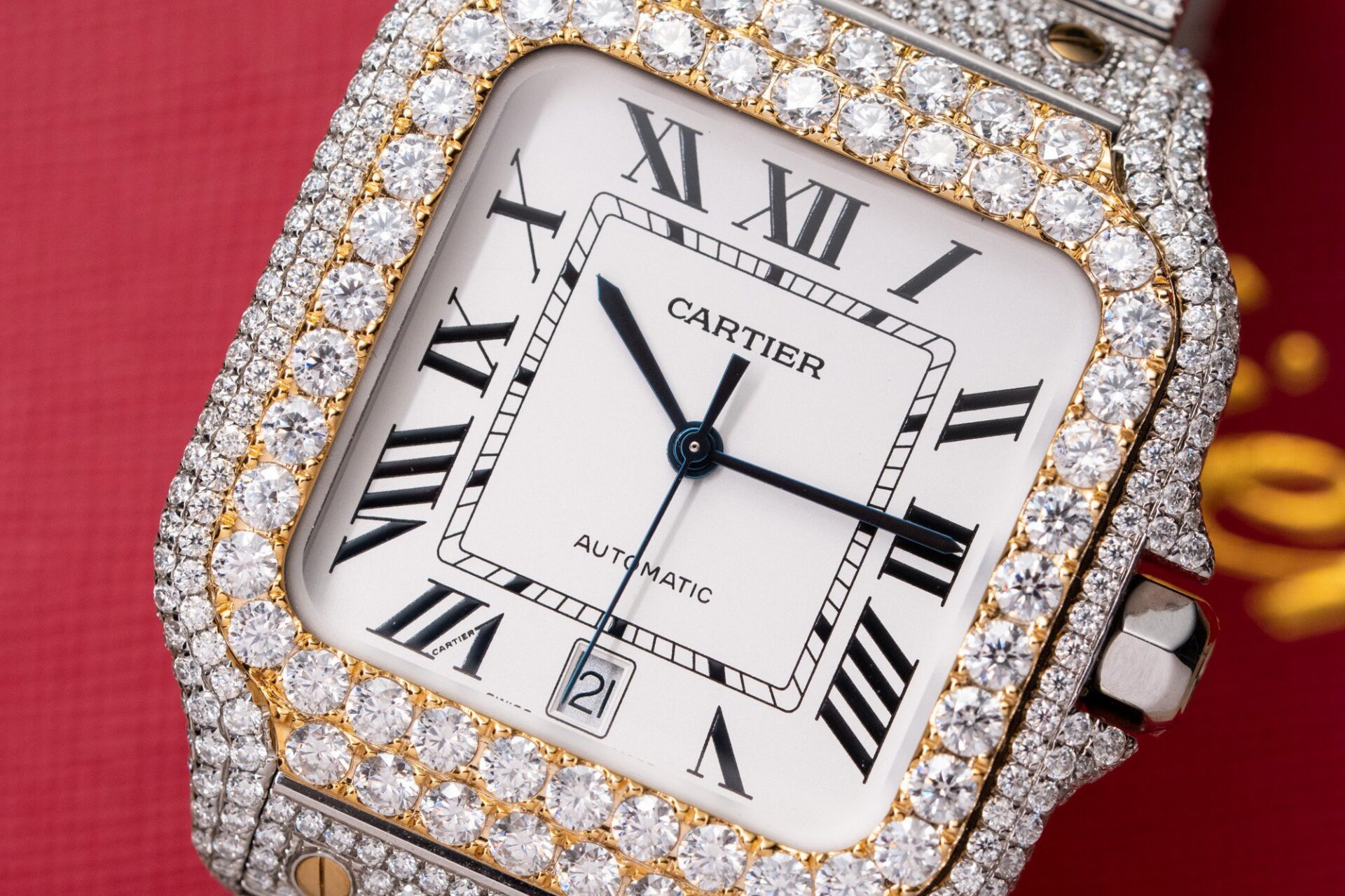 Cartier Santos White Dial Two Tone Large Model Iced Out Moissanite 39.8mm - Image 4