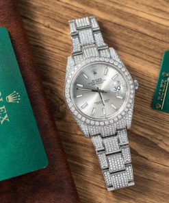 Rolex Datejust Silver Dial Oyster Bracelet Iced Out Moissanite Best Replica 41mm