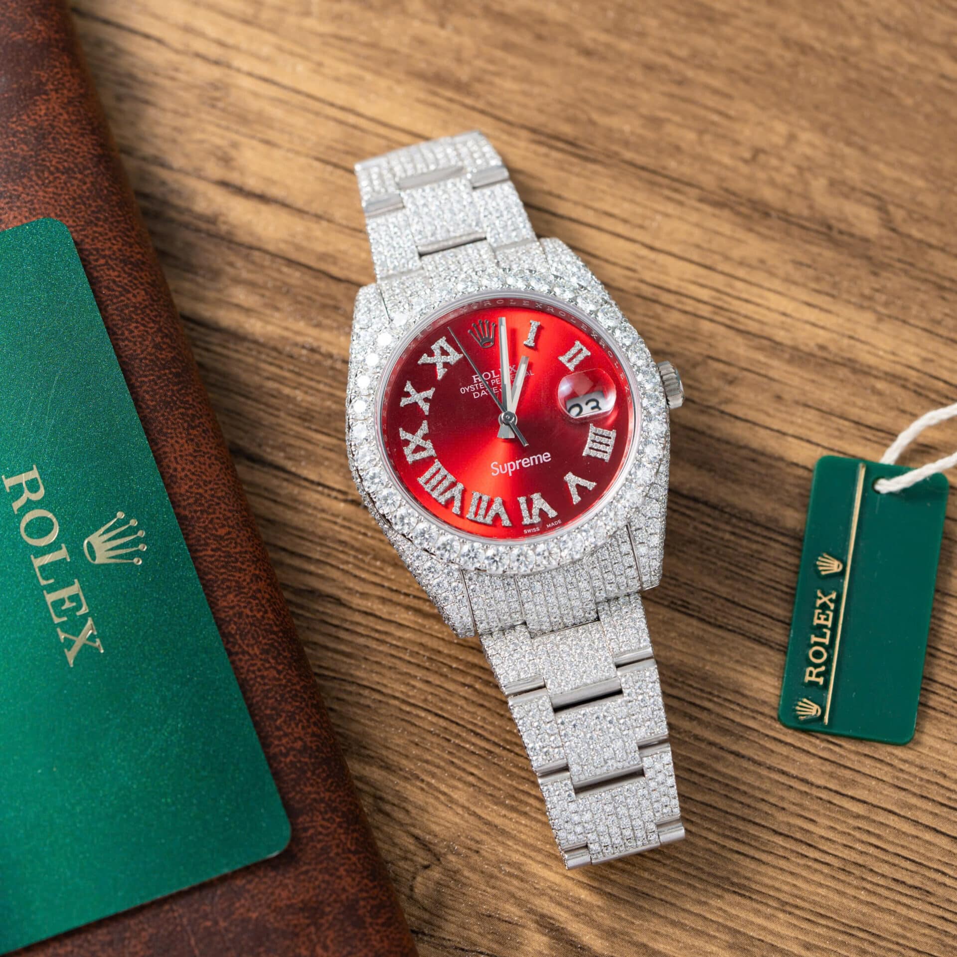 Rolex Datejust Red Roman Dial Iced Out Moissanite Best Replica 41mm - Image 3