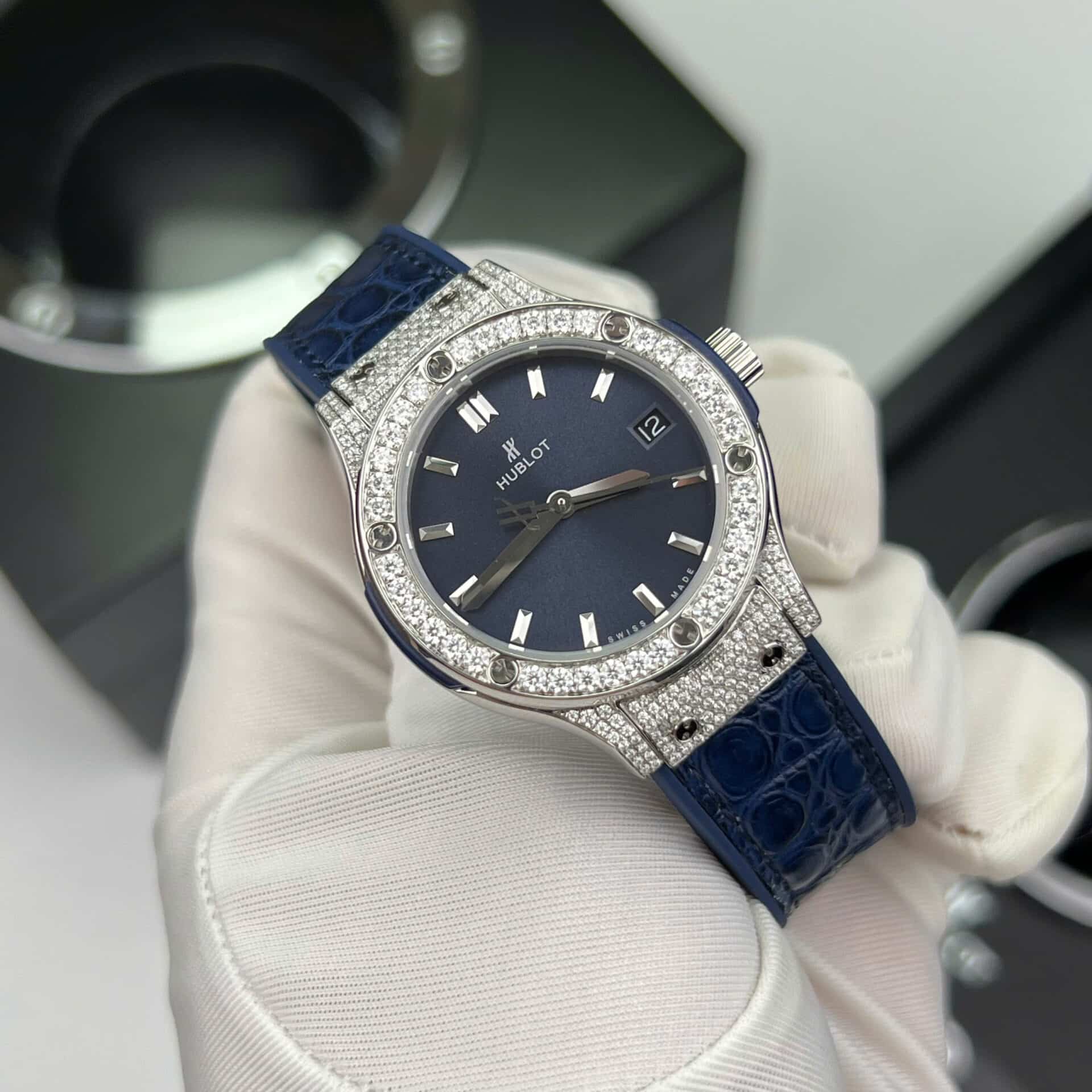 Hublot Classic Fusion Titanium Pavé Blue Dial Leather Custom Moissanite 33mm - Image 3