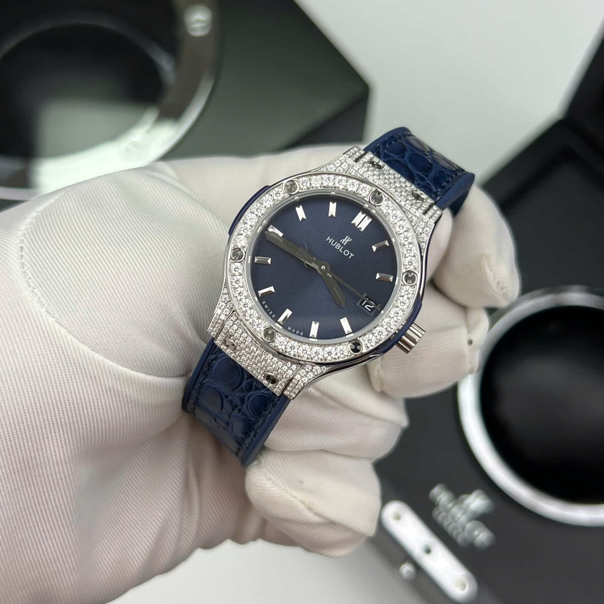 Hublot Classic Fusion Titanium Pavé Blue Dial Leather Custom Moissanite 33mm - Image 4