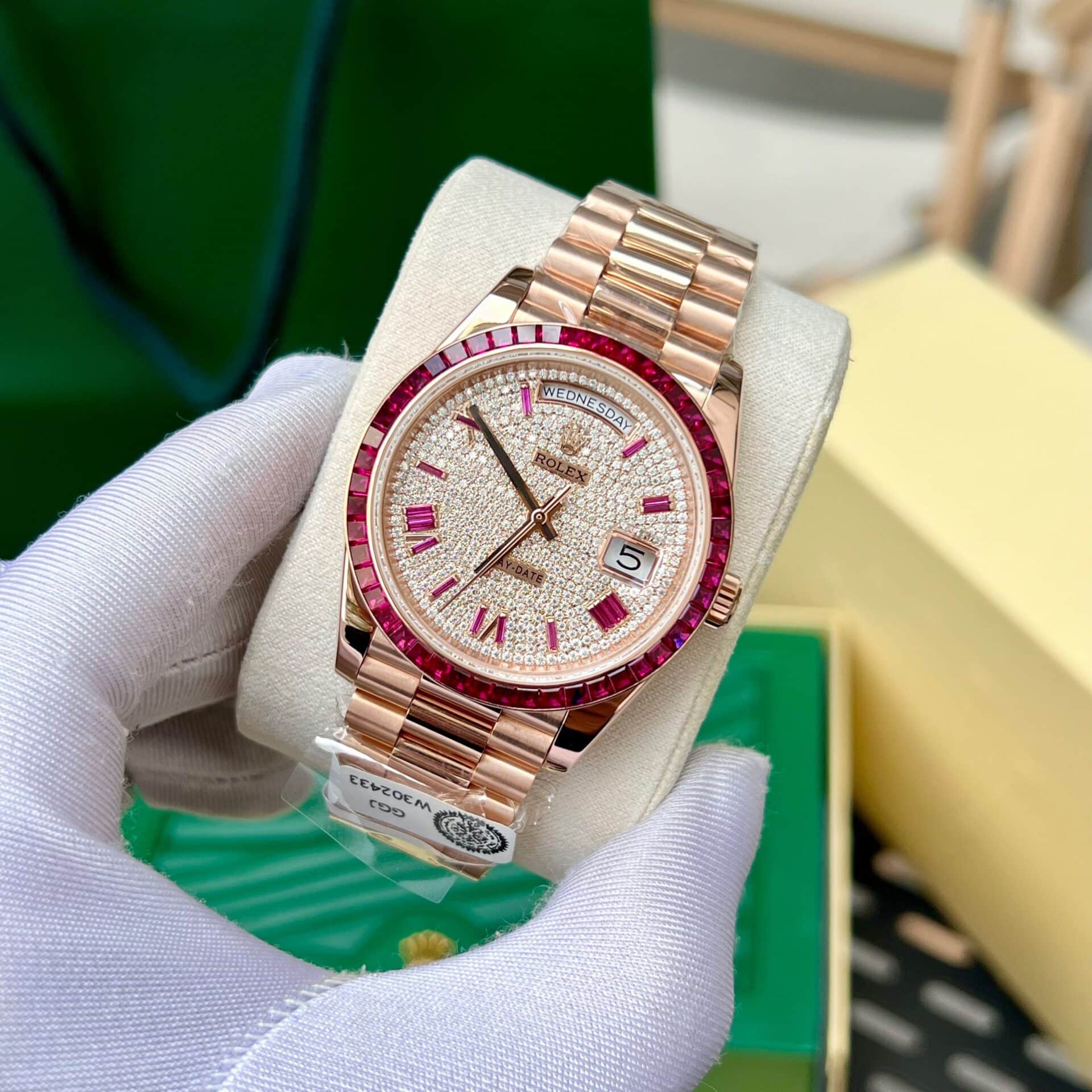 Rolex Day-Date 228398TRU 18K Gold Wrapped Custom Moissanite Dial Ruby Bezel GMF V3 Super Clone 40mm - Image 2