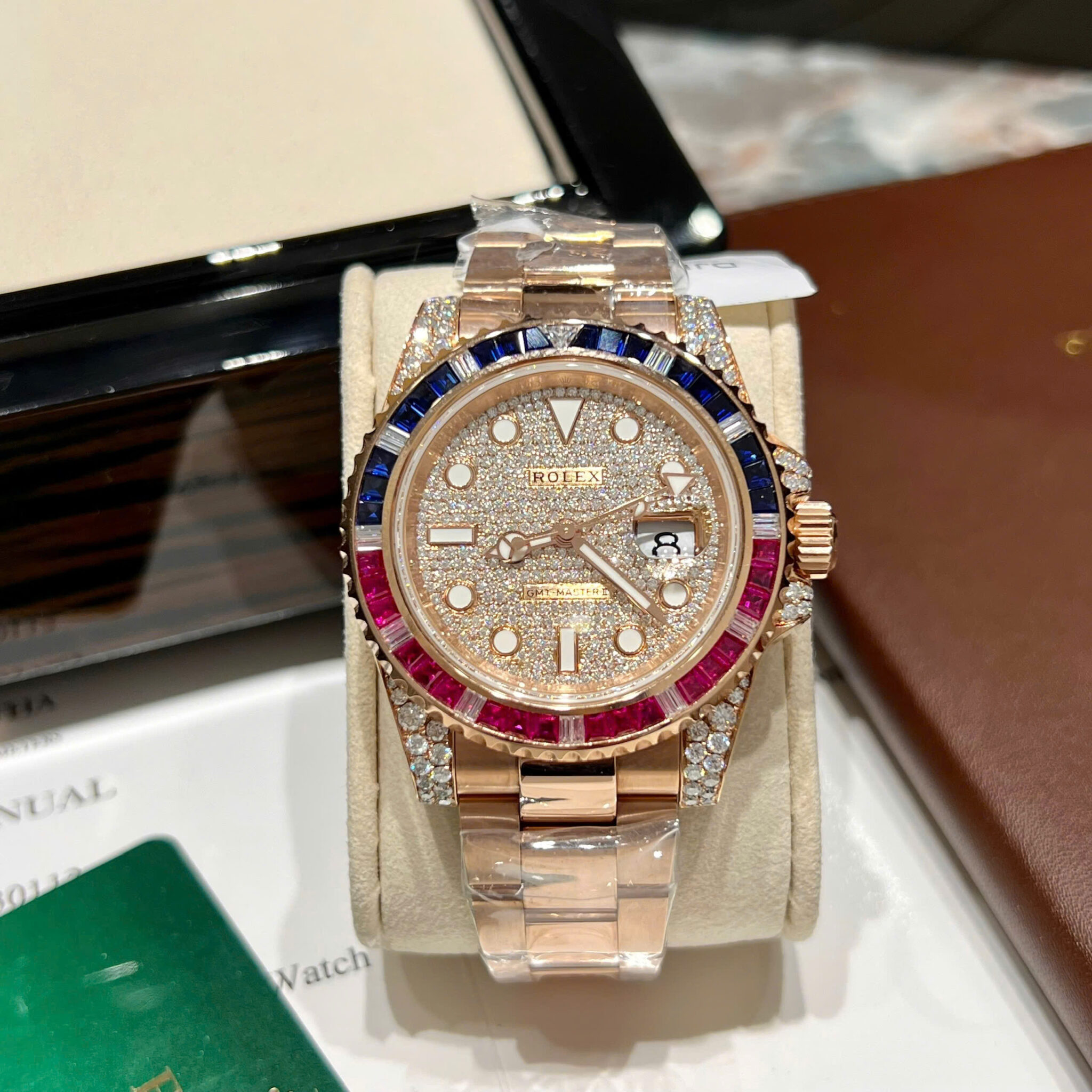 Rolex GMT-Master II 126755SARU 18K Gold Wrapped Moissanite Pavé Dial Ruby & Sapphire Bezel 40mm - Image 2