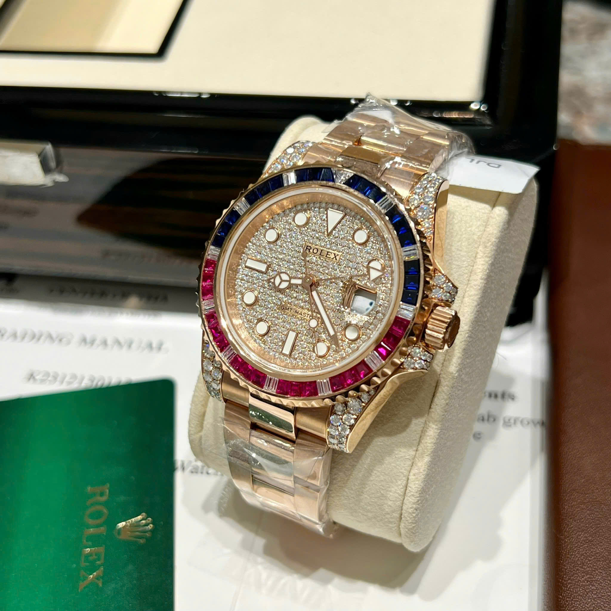 Rolex GMT-Master II 126755SARU 18K Gold Wrapped Moissanite Pavé Dial Ruby & Sapphire Bezel 40mm - Image 4