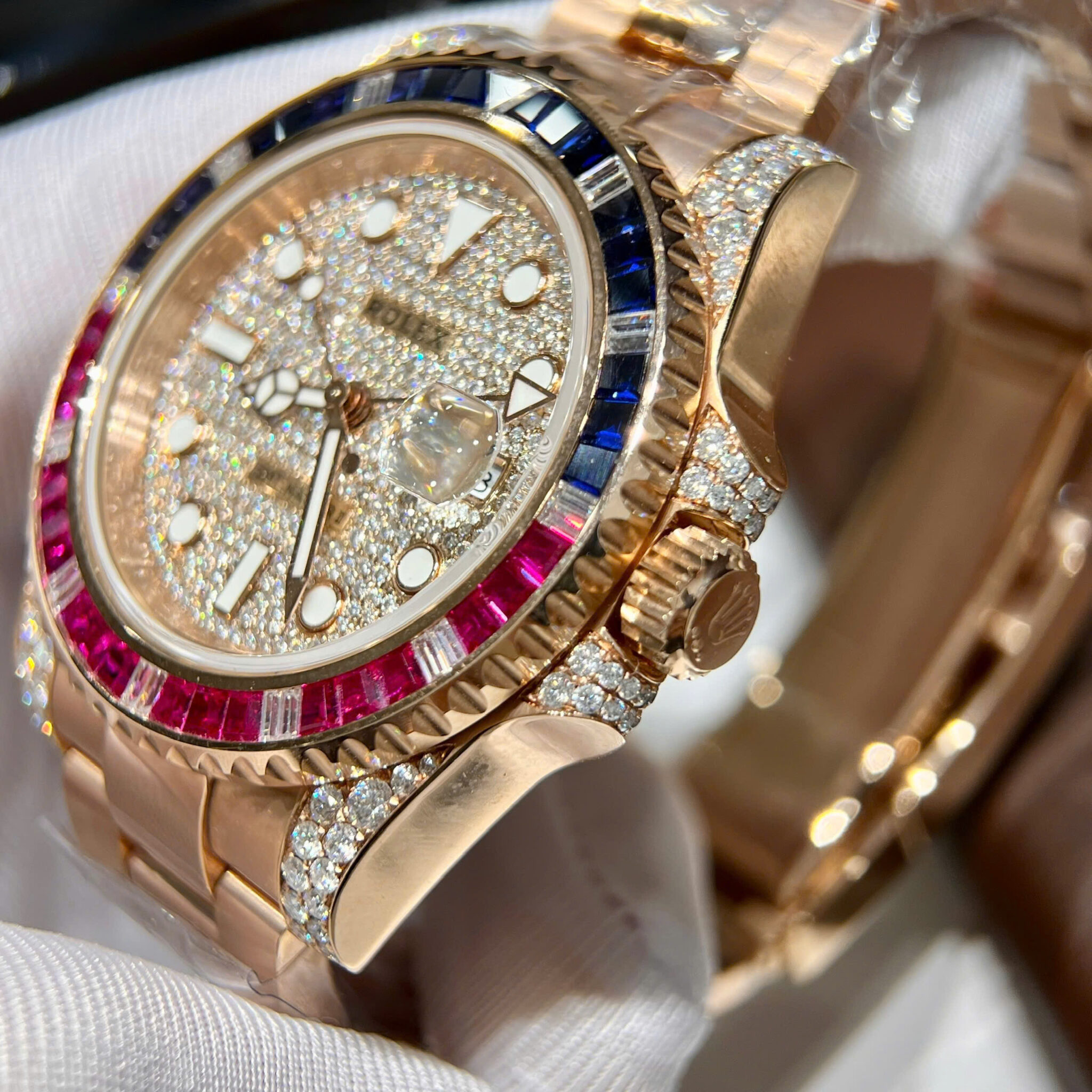 Rolex GMT-Master II 126755SARU 18K Gold Wrapped Moissanite Pavé Dial Ruby & Sapphire Bezel 40mm - Image 5